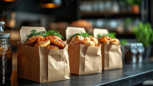 Paper bags used for takeout and delivery services, filled with food containers or wrapped meals. photo