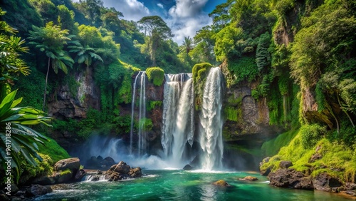 Majestic waterfall tumbles over rocky cliffs, enveloped in a verdant veil of lush greenery, serenity personified in a