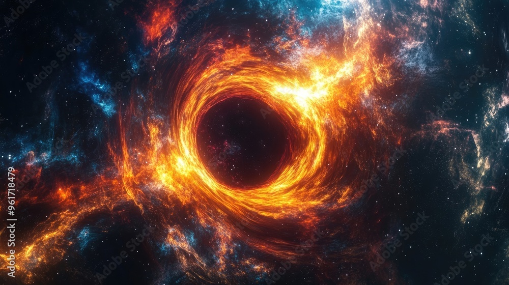 Obraz premium Dynamic Explosion of a Galactic Wormhole with Intense Light and Flames in Deep Space, Surrounded by Starry Nebula