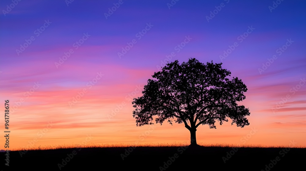 Fototapeta premium A silhouette of a single tree against a colorful dusk sky, with the fading light creating a gradient of purples, oranges, and blues.