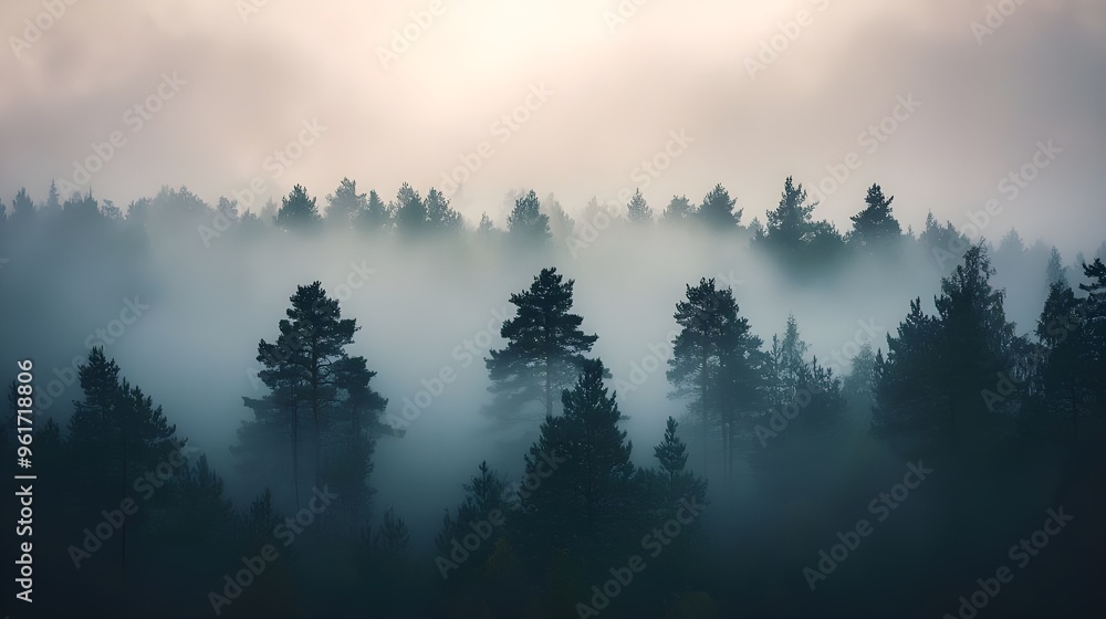 Obraz premium A moody shot of a forest shrouded in morning mist, with the silhouettes of trees barely visible against a gray, foggy sky.