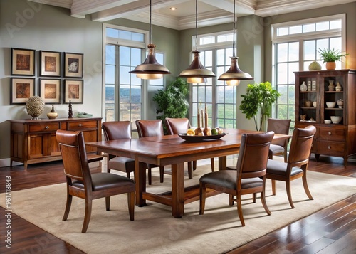 Modern American furniture warehouse boasts a spacious dining room featuring a large game table surrounded by