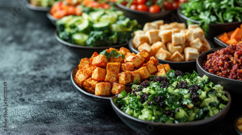 Plant-based buffet spreads featuring vegan and vegetarian dishes like quinoa bowls, roasted vegetables, and tofu. photo