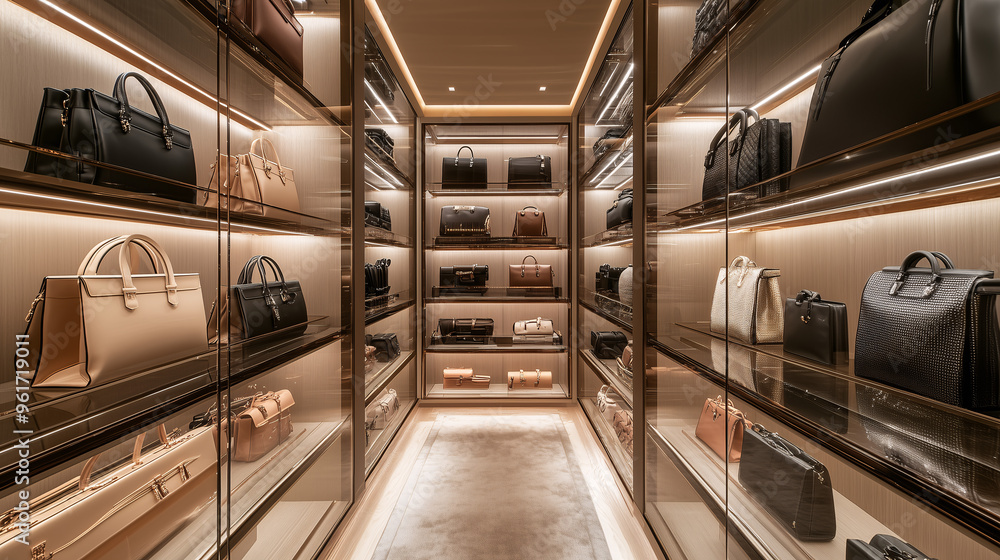 Obraz premium Opulent walk-in closet with soft, ambient lighting highlighting a row of perfectly organized designer handbags on glass shelves