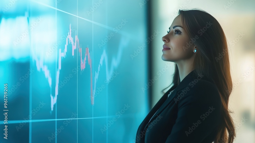 Businesswoman standing next to a financial chart with an upward trend, symbolizing success and economic growth