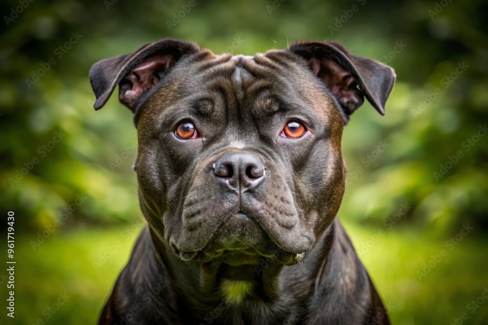 Muscular, wrinkled Staffordshire bull terrier with shining black fur looks directly at the camera, its piercing gaze a Muscular, wrinkled Staffordshire bull terrier with shining black fur looks directly at the camera, its piercing gaze a
