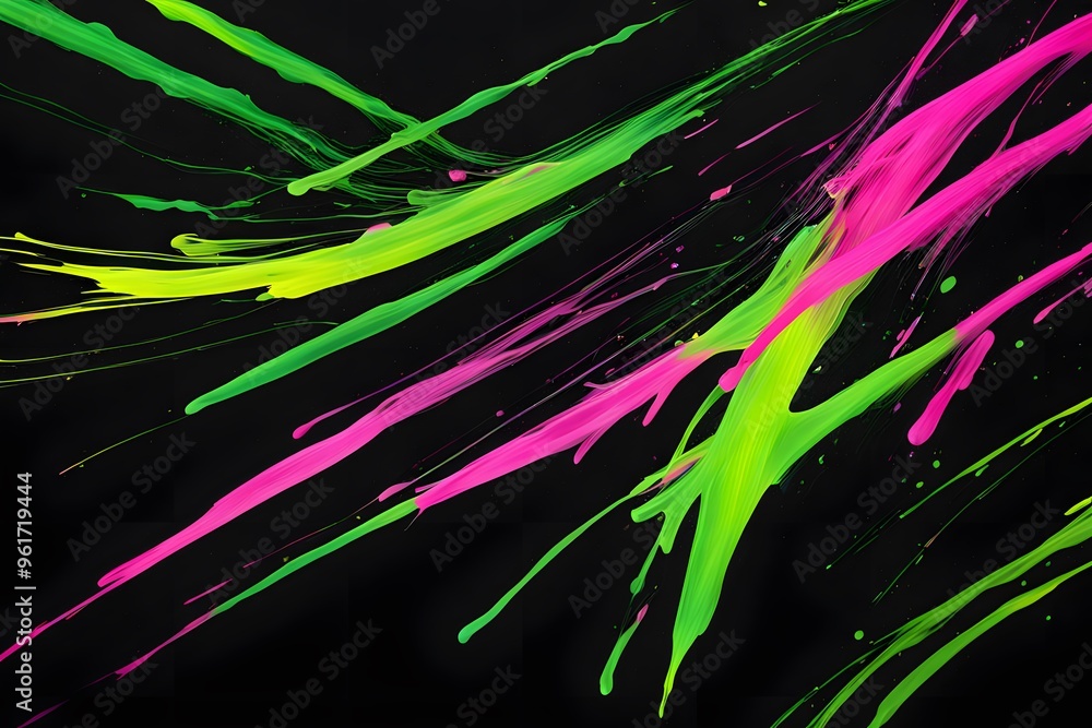 Vibrant streaks of neon green pink and yellow splashed across a deep black background, AI Generated Vibrant streaks of neon green pink and yellow splashed across a deep black background, AI Generated