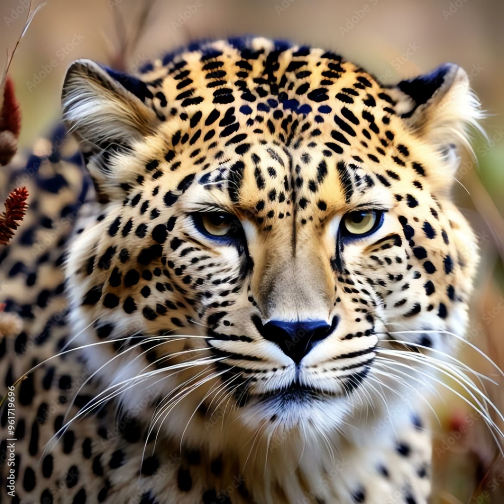 Naklejka premium close up portrait of a leopard, leopard in rain forest, native to Sri Lanka , leopard looking at camera portrait