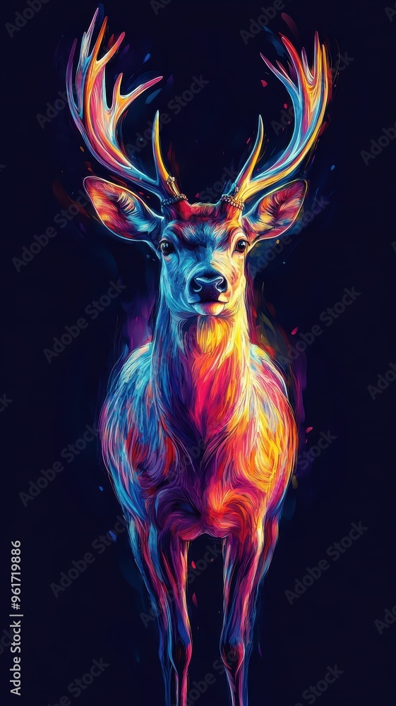 Digital art style, a deer illustrated with clean lines and vibrant colors, capturing its elegant presence in a modern, detailed design.