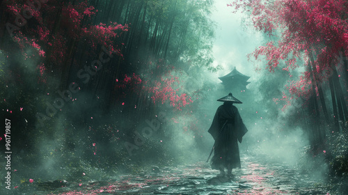 A samurai walking through forests, bamboo groves, or cherry blossom-filled landscapes, blending their discipline with nature. photo