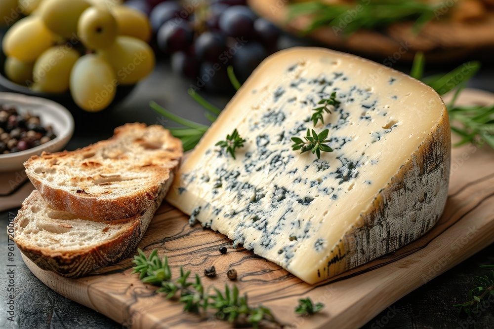 Roquefort Cheese A wedge of blue-veined Roquefort cheese on a wooden board, accompanied by grapes and crusty bread Roquefort Cheese A wedge of blue-veined Roquefort cheese on a wooden board, accompanied by grapes and crusty bread