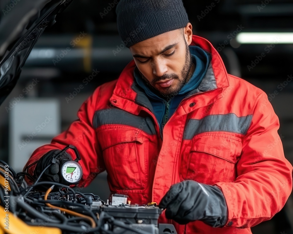 Close-up of a technician checking a car battery with a multimeter Close-up of a technician checking a car battery with a multimeter