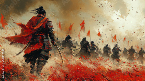 Samurai warriors in dynamic battle poses, showcasing their martial skills and strategic prowess.