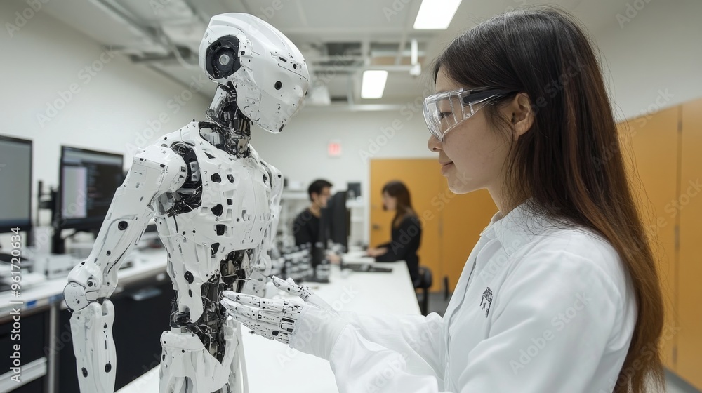 Scientist Interacts with Humanoid Robot in Lab Scientist Interacts with Humanoid Robot in Lab