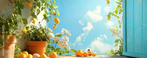 Serene view of a sunny garden with vibrant flowers, citrus fruits, and a bright blue sky, evoking a sense of tranquility and freshness.