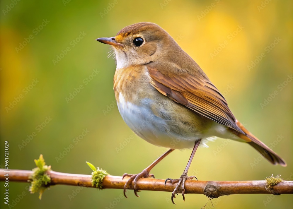 Perched on a branch, the small bird's slender form is cloaked in olive-brown plumage, giving way to a Perched on a branch, the small bird's slender form is cloaked in olive-brown plumage, giving way to a