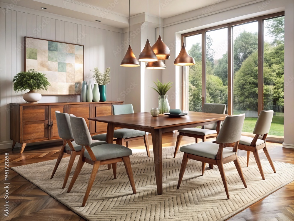 Fototapeta premium Polished wood and geometric cutouts meld seamlessly to create a timeless, sophisticated dining space that effortlessly