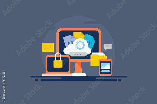 Cloud computing, virtual storage security, data safety and encrypted digital technology conceptual vector illustration.