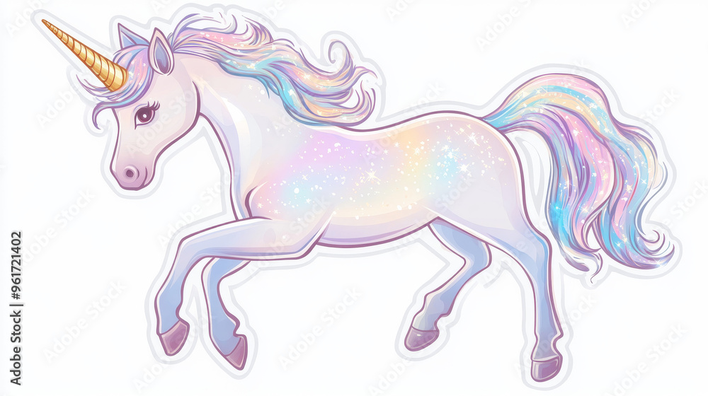 Fototapeta premium A sweet unicorn with a shiny golden horn, drawn in soft colors. It's a cute sticker that looks perfect for kids.