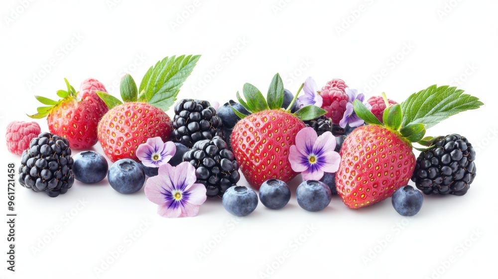 Assorted Fresh Berries and Flowers on White Background Assorted Fresh Berries and Flowers on White Background