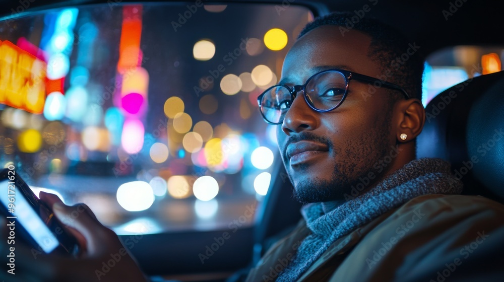 Man in Car with City Lights at Night Man in Car with City Lights at Night