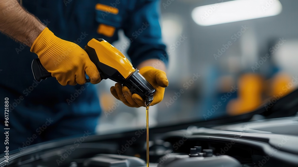 Mechanic changing the oil in a car, emphasizing regular maintenance Mechanic changing the oil in a car, emphasizing regular maintenance