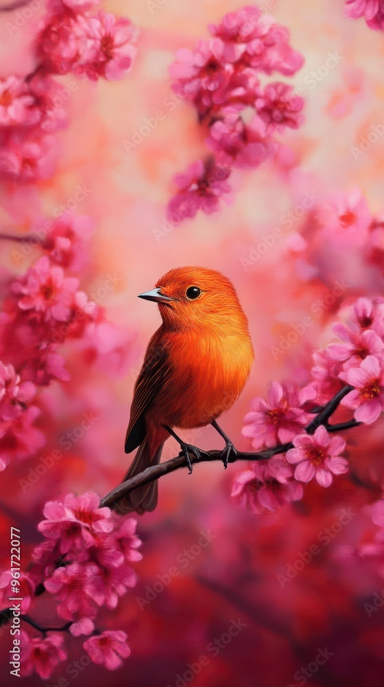 A vibrant orange bird perched on a branch amidst beautiful pink blossoms, creating a serene and colorful spring scene. A vibrant orange bird perched on a branch amidst beautiful pink blossoms, creating a serene and colorful spring scene.