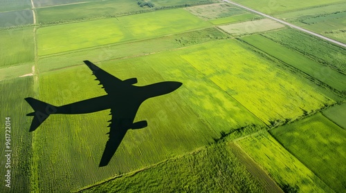 An aerial view of an airplane's shadow gliding over vibrant green farmland, symbolizing the harmony between travel and the environment. Evoking themes of sustainable travel, environmental awareness