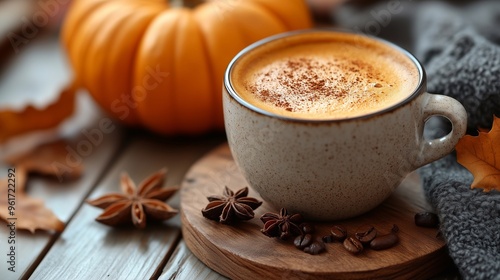 A mug of creamy pumpkin spice latte topped with cinnamon and star anise, perfect for cozy autumn vibes.