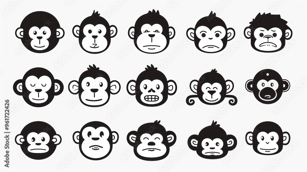 Set of 15 black and white monkey faces with various expressions. Set of 15 black and white monkey faces with various expressions.