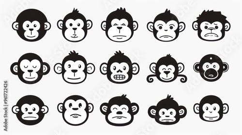 Set of 15 black and white monkey faces with various expressions.