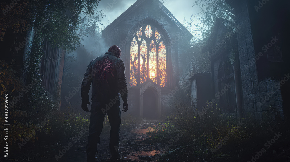 A zombie with rotting flesh, standing in front of an old, abandoned church, dark shadows cast by broken stained glass windows. A zombie with rotting flesh, standing in front of an old, abandoned church, dark shadows cast by broken stained glass windows.