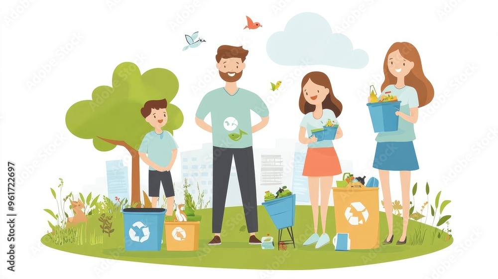 Fototapeta premium Flat Design Illustration of a Family Engaged in Recycling in an Environmentally Friendly Park