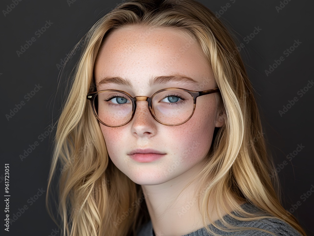 Portrait of a Young Woman with Blonde Hair and Glasses Portrait of a Young Woman with Blonde Hair and Glasses