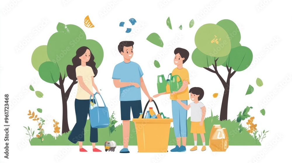 Flat Design Illustration of a Family Engaged in Recycling in an Environmentally Friendly Park Flat Design Illustration of a Family Engaged in Recycling in an Environmentally Friendly Park