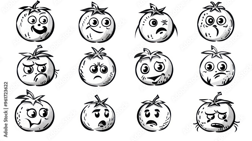Cartoon tomato characters with different expressions.