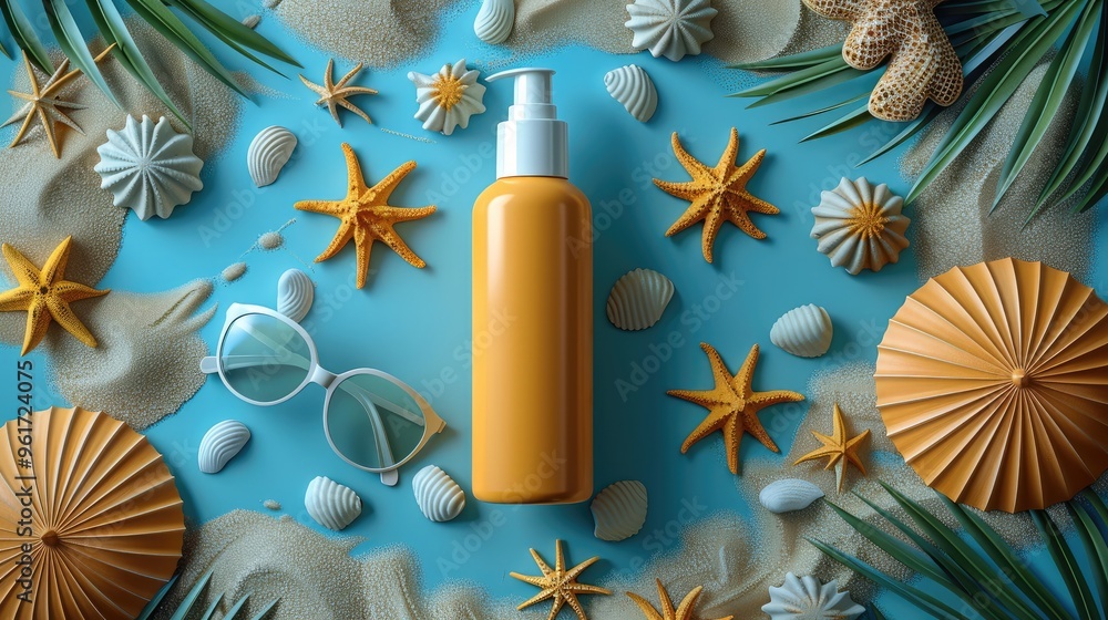 A sunscreen cream bottle mockup sand mold sunglasses on blue background, flat lay, top view. Generative AI. A sunscreen cream bottle mockup sand mold sunglasses on blue background, flat lay, top view. Generative AI.