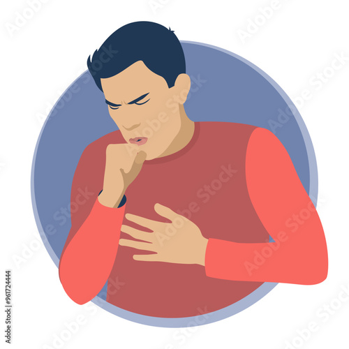 Cough. The man is sick. A man coughs, covering his mouth with his hand. Vector illustration on a white background.