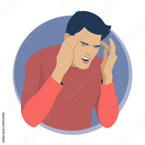 Headache. A man has a headache. A man holds his head in pain. Flat design. Vector illustration on a white background.