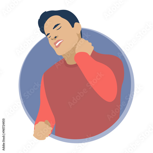 Pain in the neck. Cramps in the neck. A man is holding his neck from severe pain. Flat design. Vector illustration on a white background.