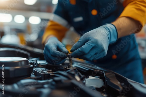 Mechanic tightening a bolt on a car engine during a maintenance procedure