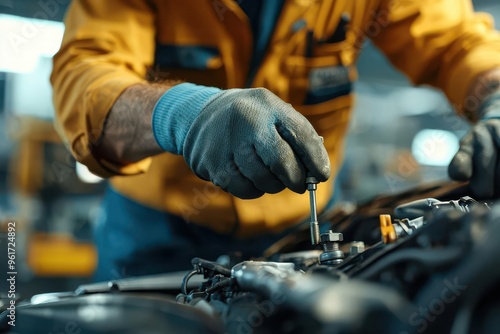 Mechanic tightening a bolt on a car engine during a maintenance procedure