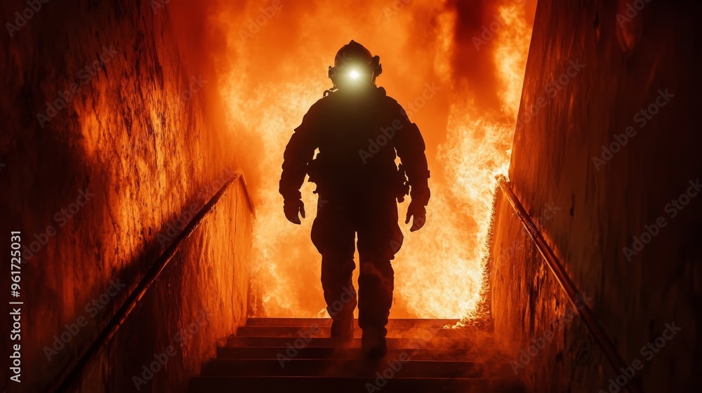 Fototapeta premium Firefighter Ascending Stairs Amidst Blaze