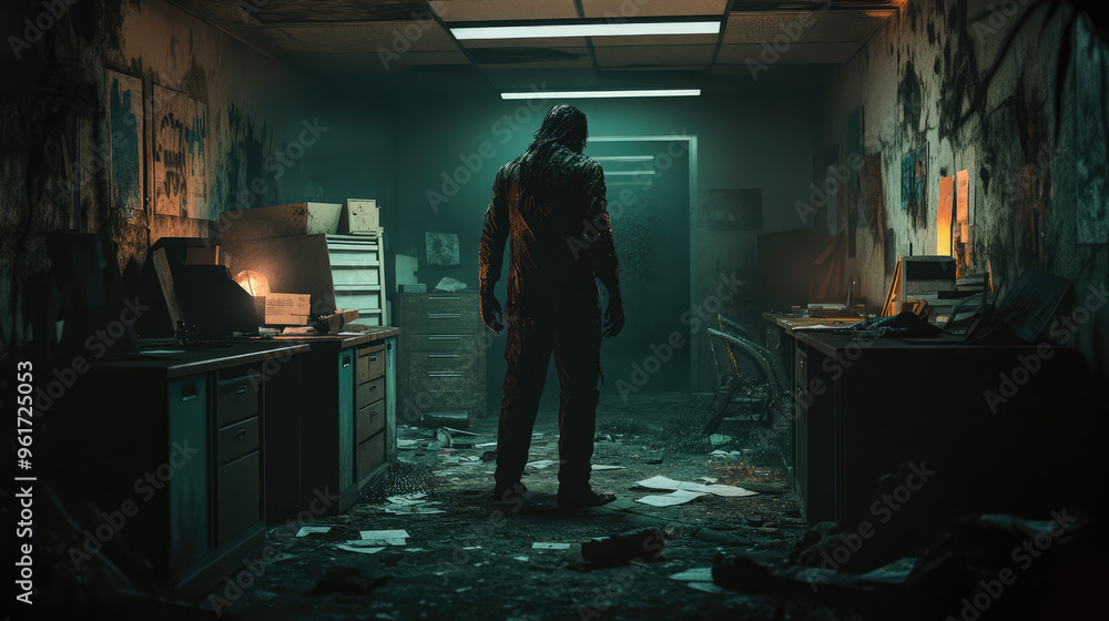 A zombie in a suit stands in a dark room with a box behind him A zombie in a suit stands in a dark room with a box behind him