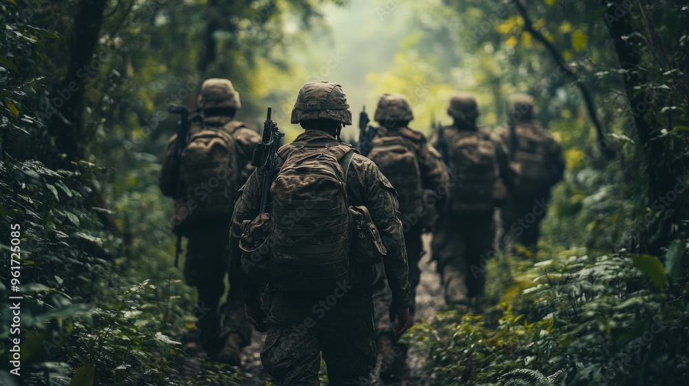 Editorial Title: Soldiers Patrolling in Dense Jungle Terrain
Soldiers Editorial Title: Soldiers Patrolling in Dense Jungle Terrain
Soldiers