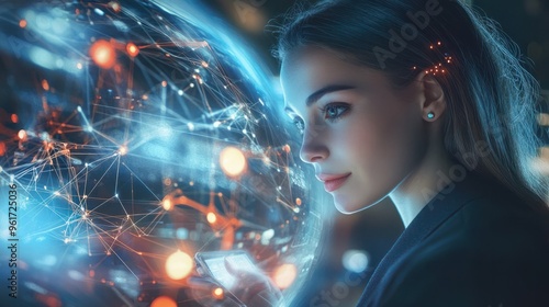 A businesswoman, phone, and futuristic networking zoom in global collaboration, cybersecurity, and AI communication. App technology abstract, cloud computing, digital transformation world