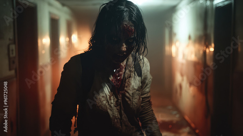 A zombie in tattered clothing, with dark, rotting skin and hollow eyes, standing in an abandoned asylum hallway, flickering lights casting long shadows.