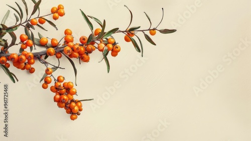 Sea-buckthorn branch on plain backdrop. photo