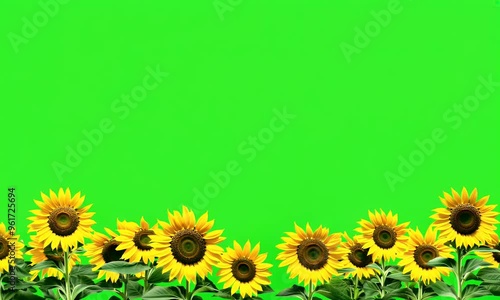Tall sunflowers sway gently in the wind, their bright yellow petals standing out beautifully against a green screen background, making for perfect post-production compositing footage