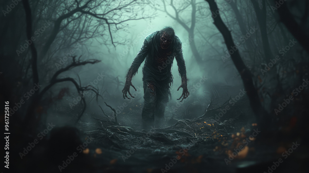 A zombie man is walking through a forest with a dark and eerie mood A zombie man is walking through a forest with a dark and eerie mood